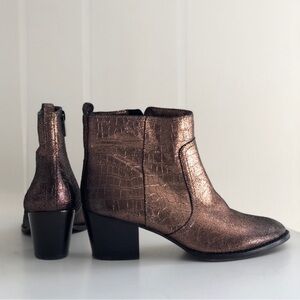 Vince Camuto bronze gold shiny pointed toe short heel zip up croc ankle booties